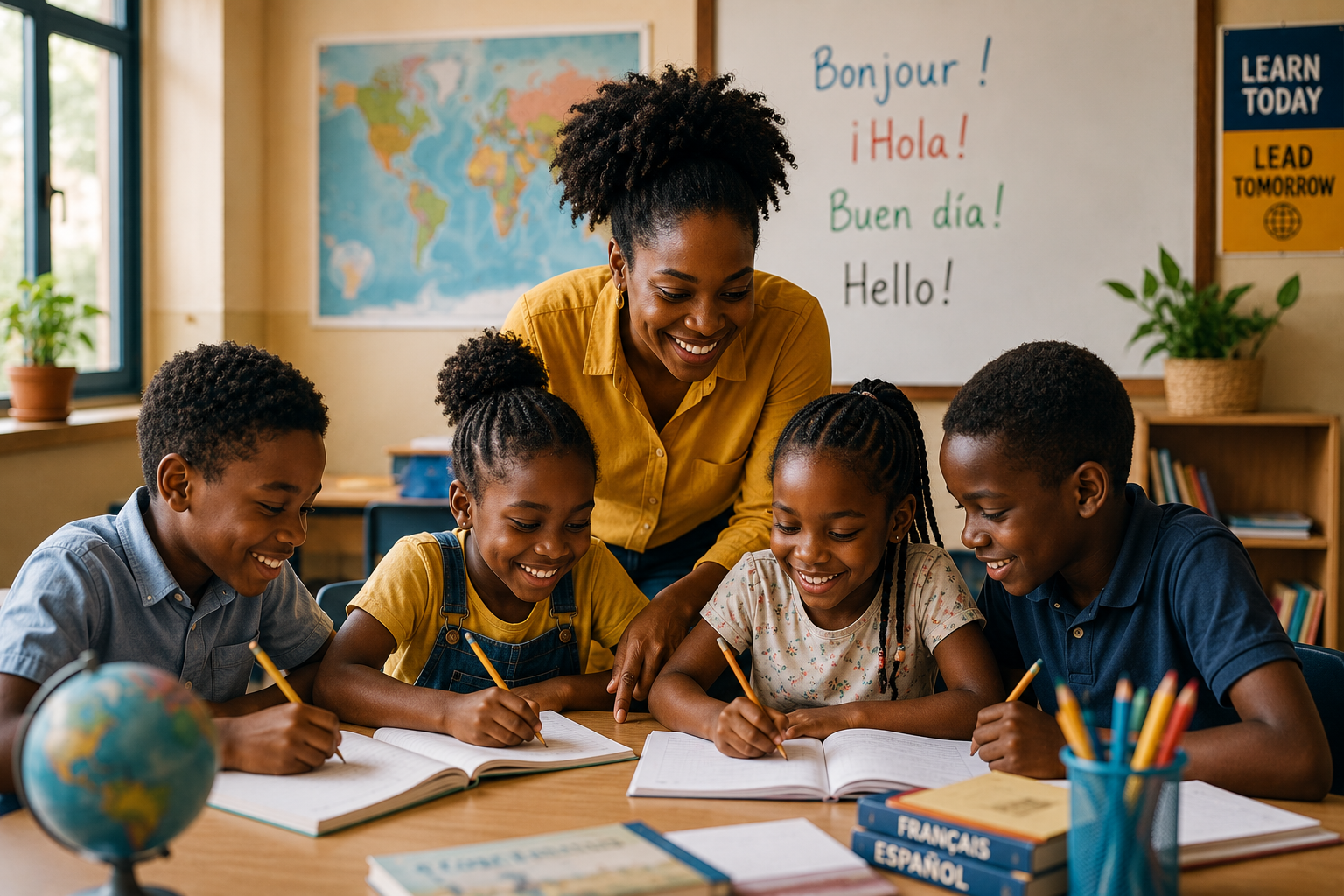 Diverse elementary students learning together in a vibrant classroom