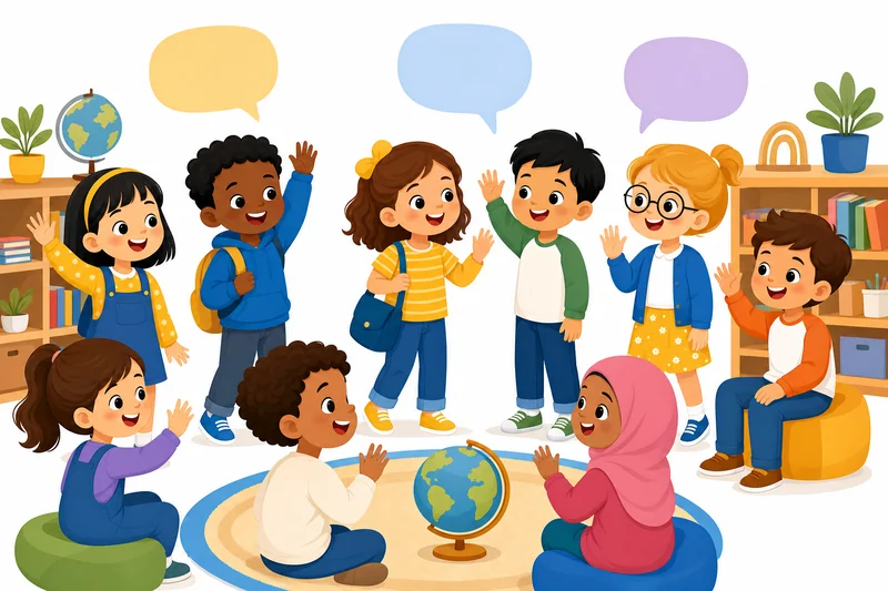 Illustration of children waving hello and greeting each other