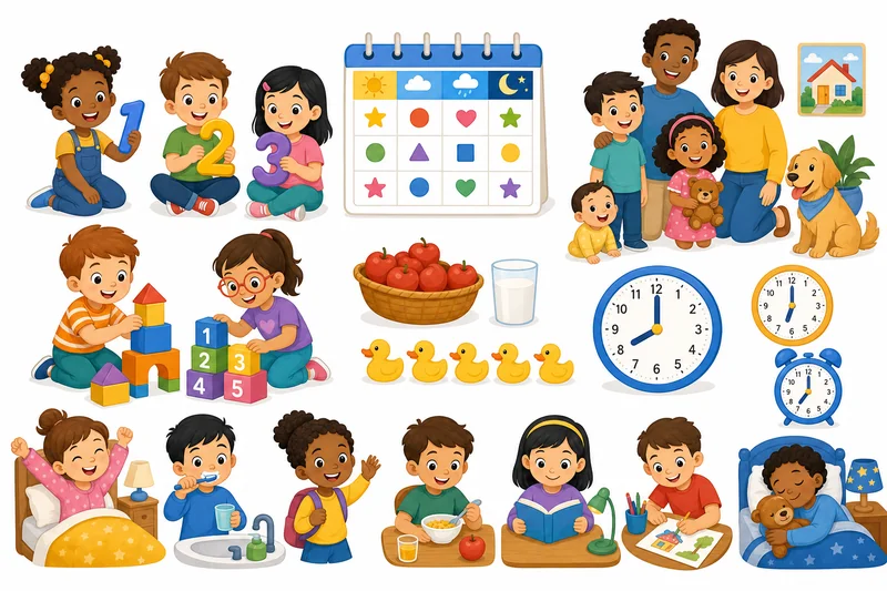 Illustration of children learning numbers and daily routines
