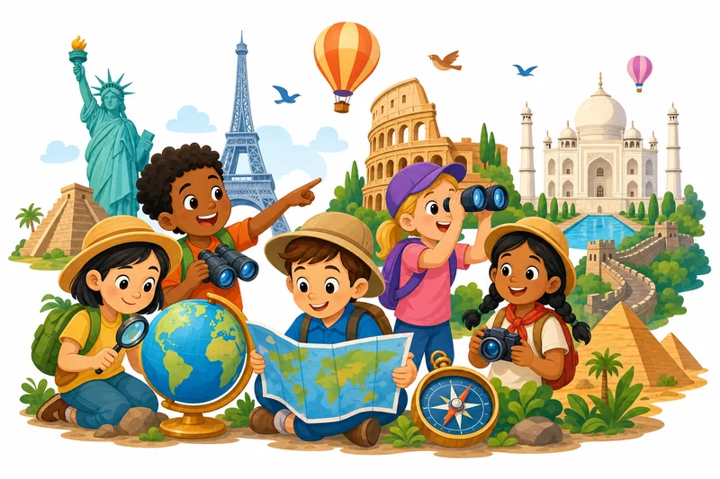 Illustration of children exploring with maps and magnifying glasses