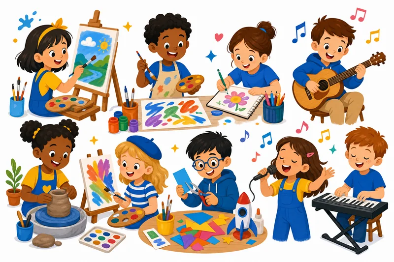 Illustration of children painting, singing, and creating art