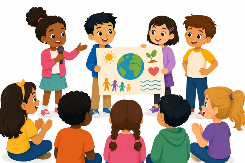 Illustration of a child presenting confidently to classmates