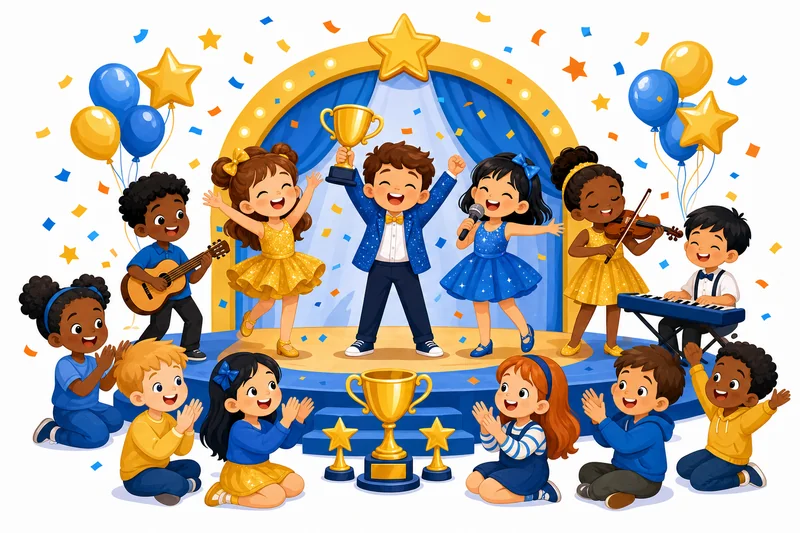 Illustration of children celebrating their showcase with confetti and applause